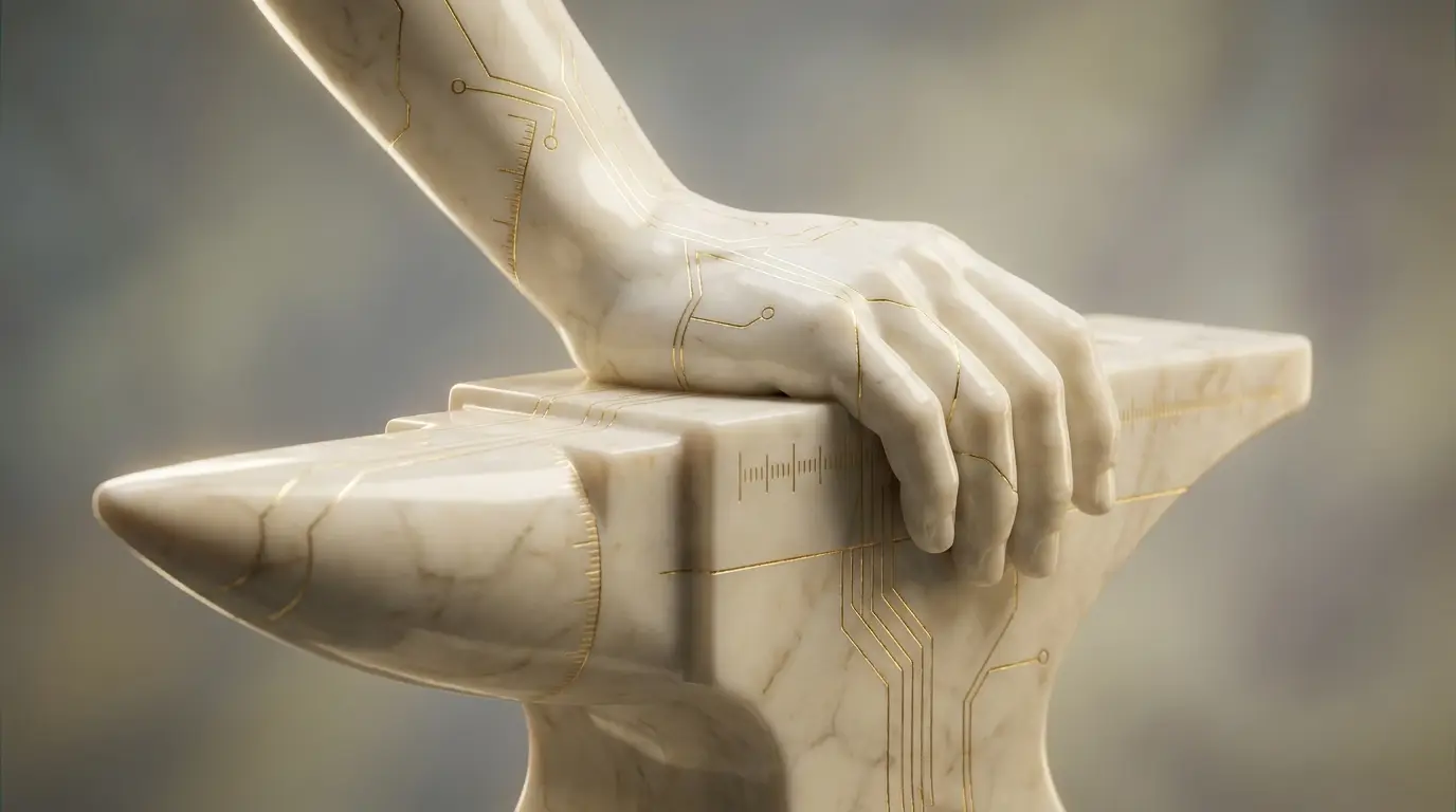 A marble sculpture of a smith's hand resting on an anvil, inlaid with fine gold measurement lines